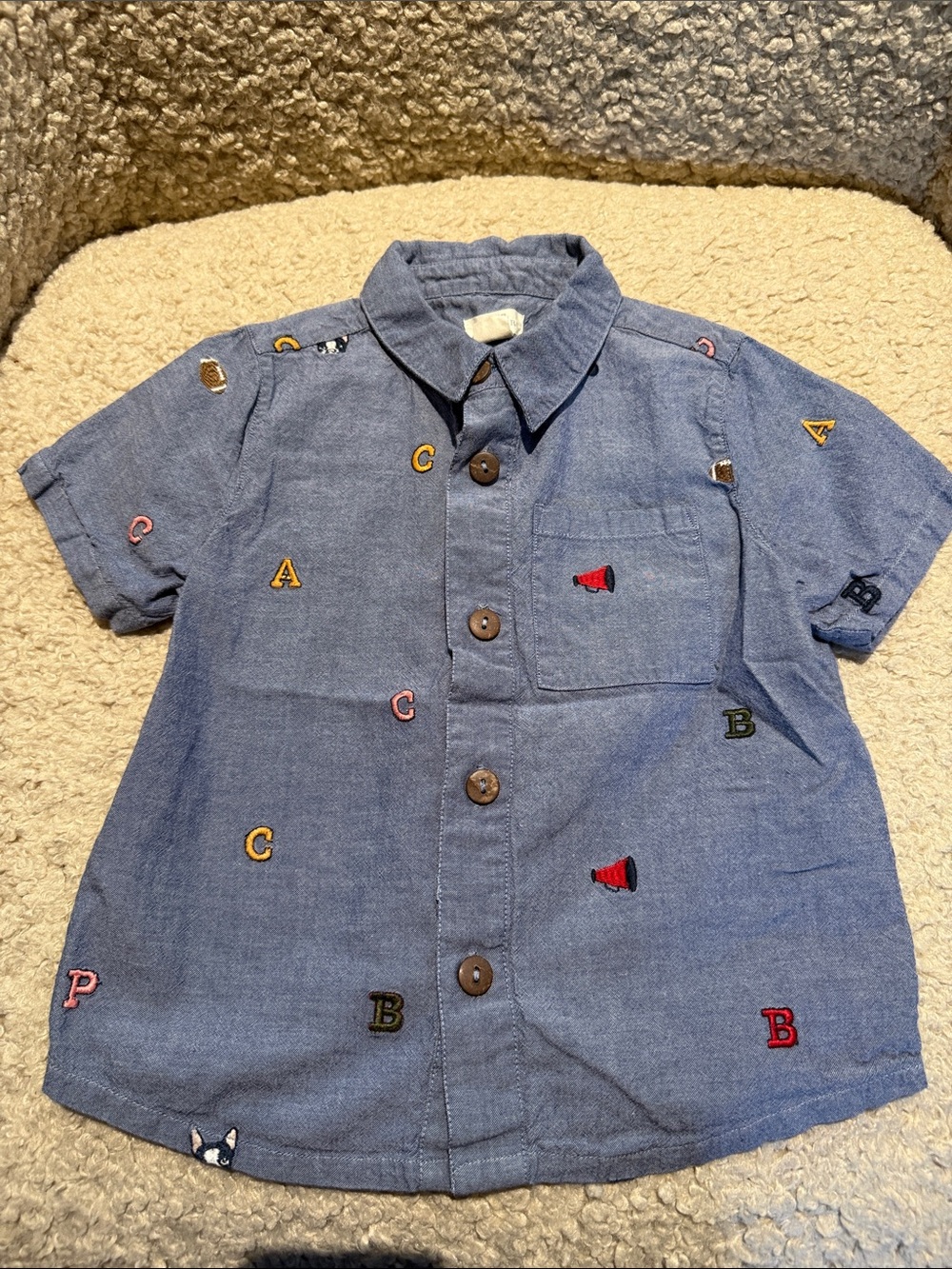 Blue Embroidered Short-Sleeve Button Shirt - Kids